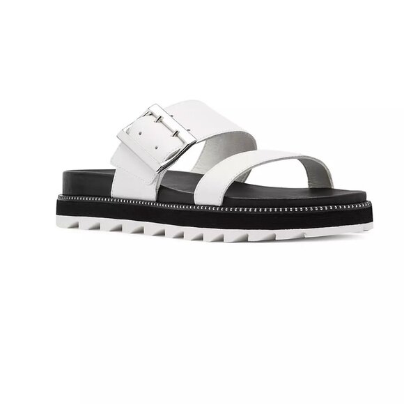 Sorel Roaming Buckle Slides Buckle Sandal Leather Black and White Size 6 - Picture 1 of 14